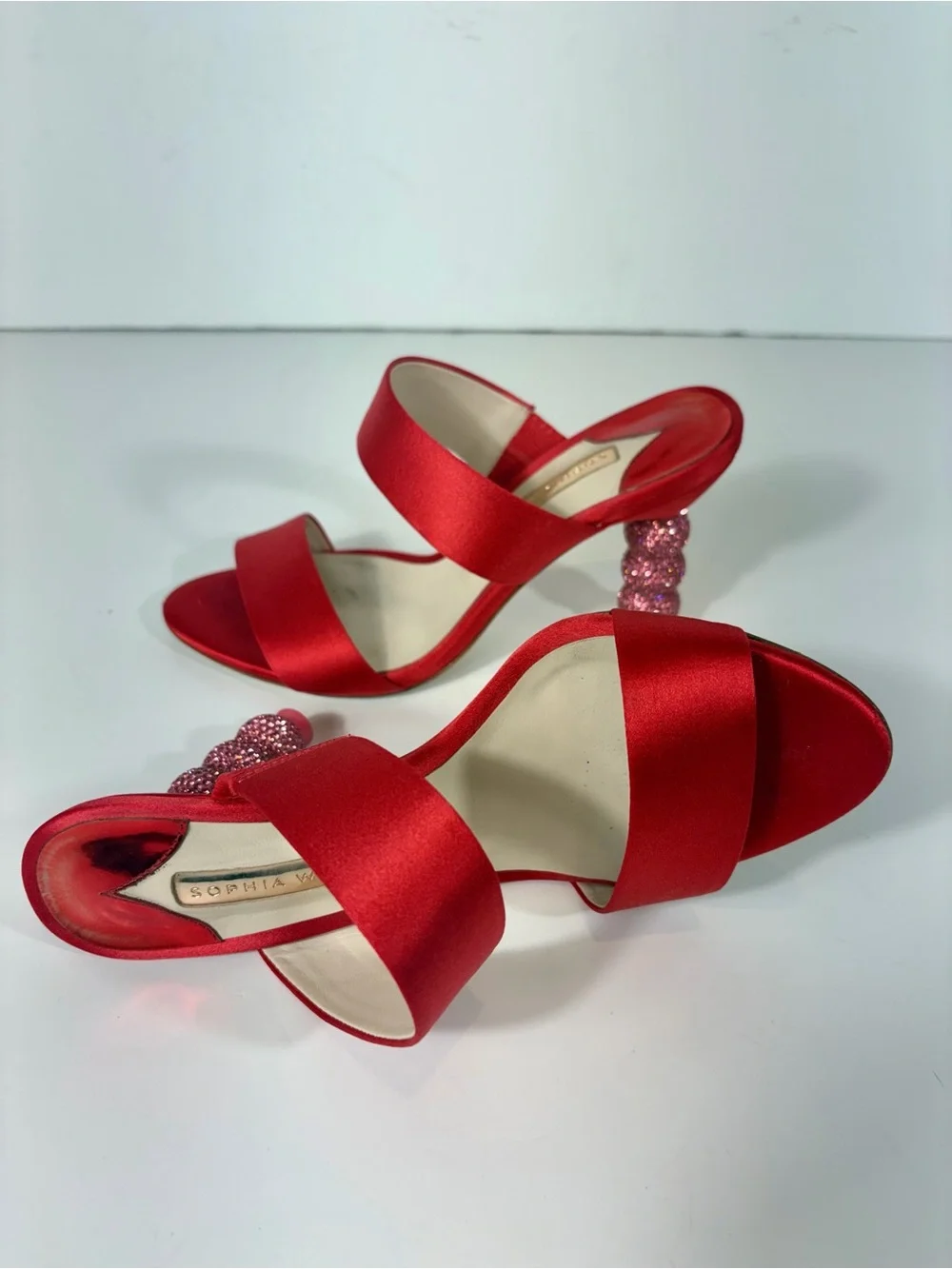 Sophia Webster Red Satin Crystal Bubble Heel Slide Sandals EU 35 / US 5